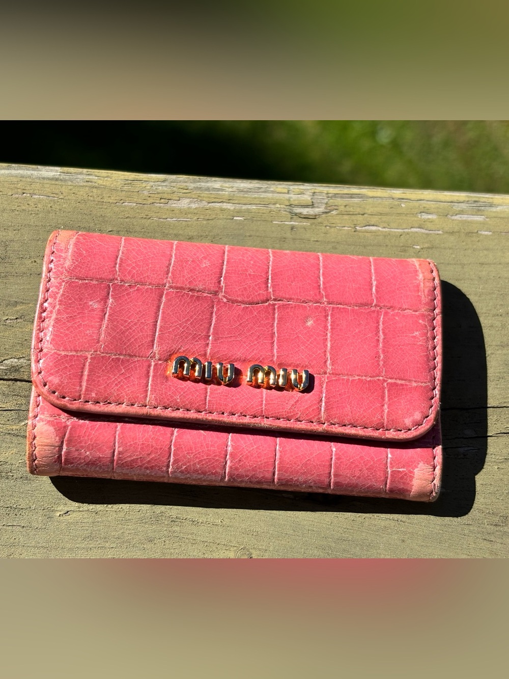 Miu Miu Coral Pink Croc-Embossed Leather Wallet with Gold Hardware